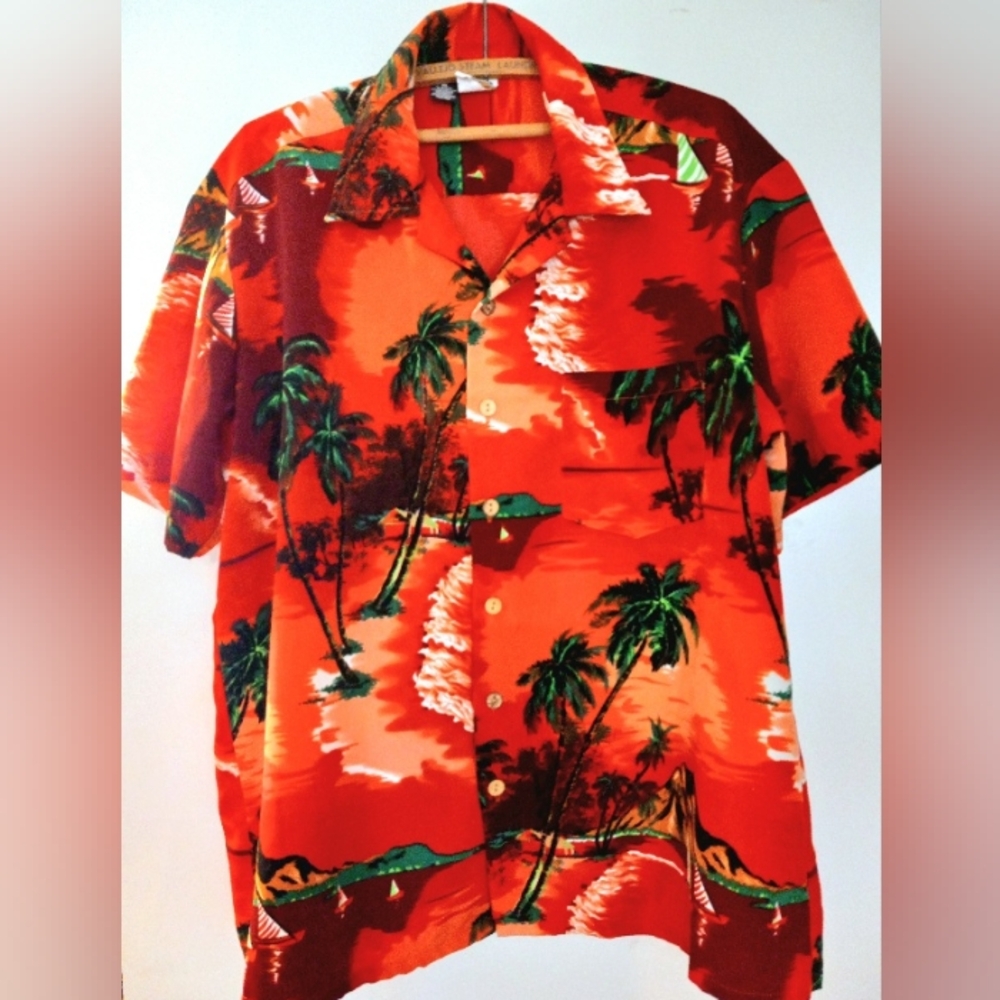 Kennington Men's Tiki Tropical Hawaiian Shirt in Red & Orange Size XL